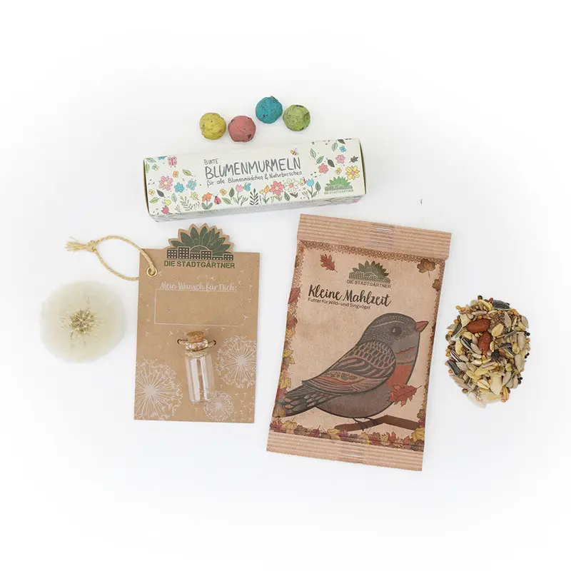 3er Set für deinen Adventskalender – Blumenmurmeln, Vogelfutter, Wunscherfüller