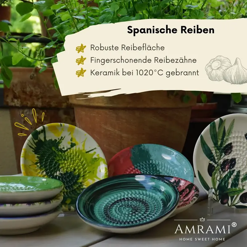 AMRAMI® Keramik Reibeteller mit Pinsel | Handmade | Knoblauch & Ingwer