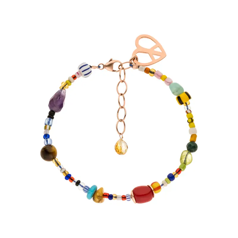 Bunte Herz-Peace Armkette „Woodstock“, Roségold