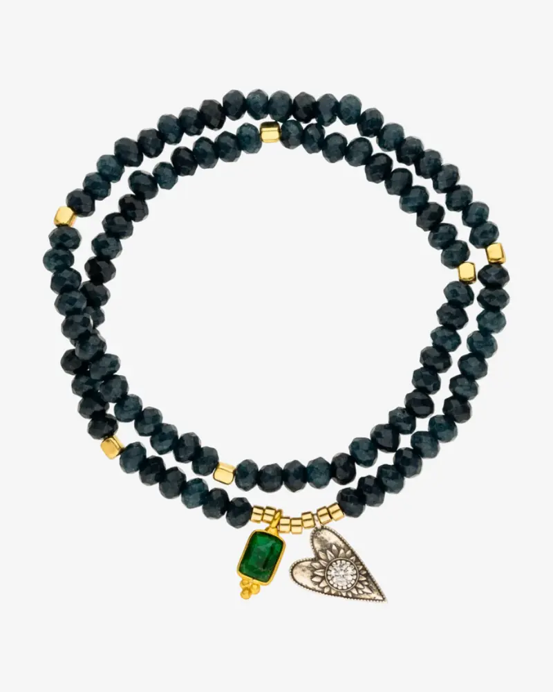 Doppelreihiges Armband 'Open heart & grüner Onyx' - Silber
