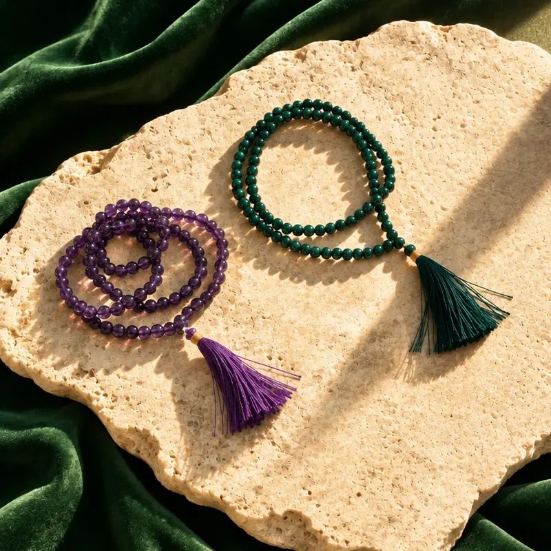 Edelstein-Mala aus Bali | 108 Perlen, Amethyst oder Jade