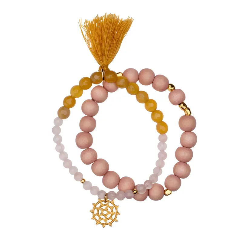 Handmala-Set, Wheel of Karma Gold, Rosenquarz & Achat