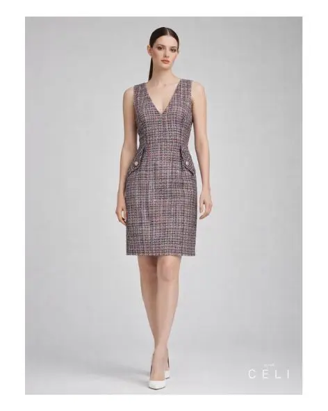 Tweed Bouclé Couture Kleid – 3D-Textur, V-Ausschnitt, Tailliert