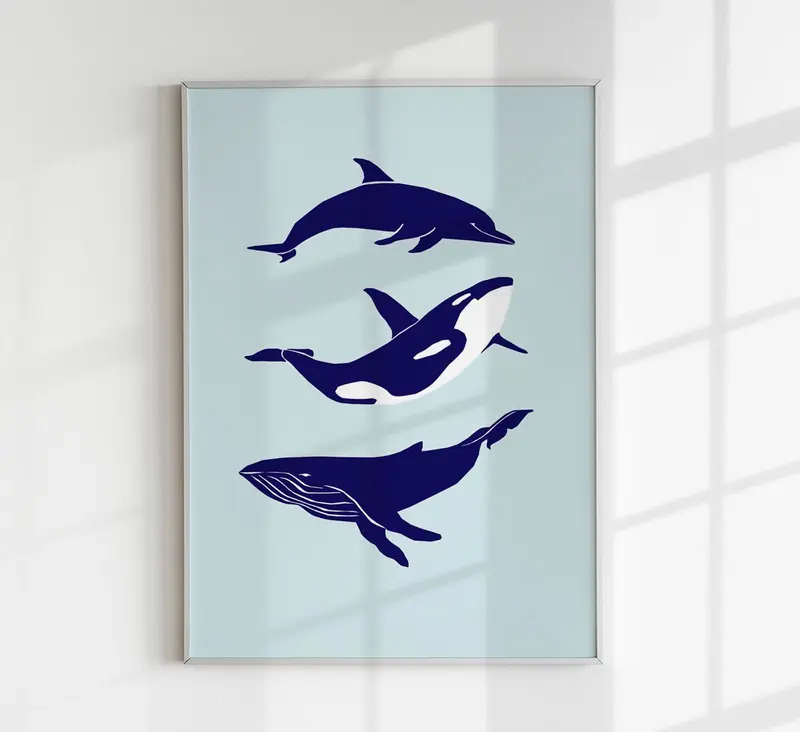 Whale & Dolphin Blue Poster – Fine Art Print Meeresmotive