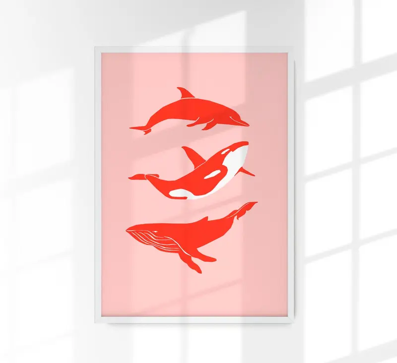 Whale & Dolphin Pink Poster – Meeresmotive Fine Art Print